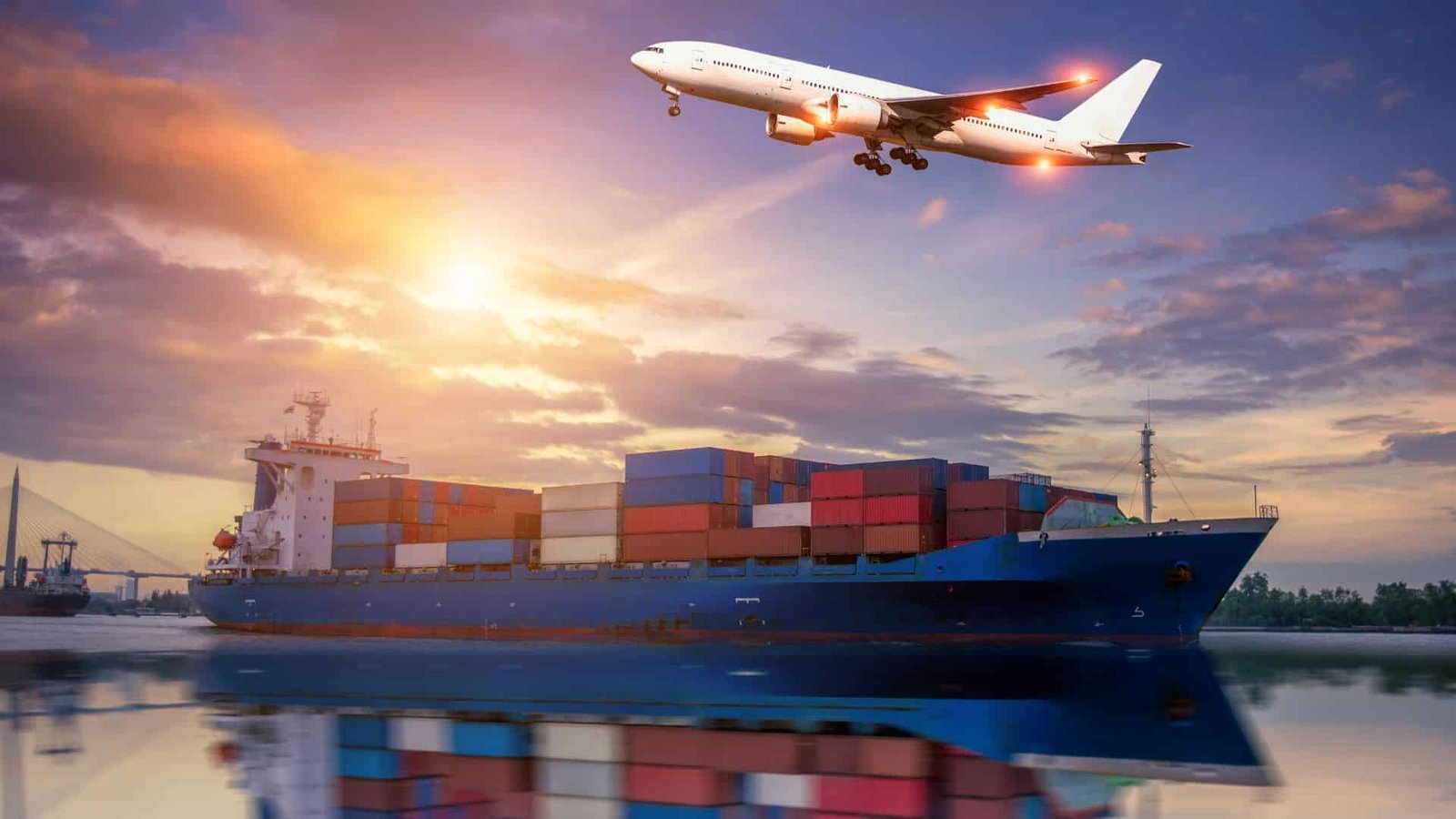 Global shipping for Balaclava Mask via sea freight and air cargo, featuring a cargo ship with containers and an airplane flying above at sunset.