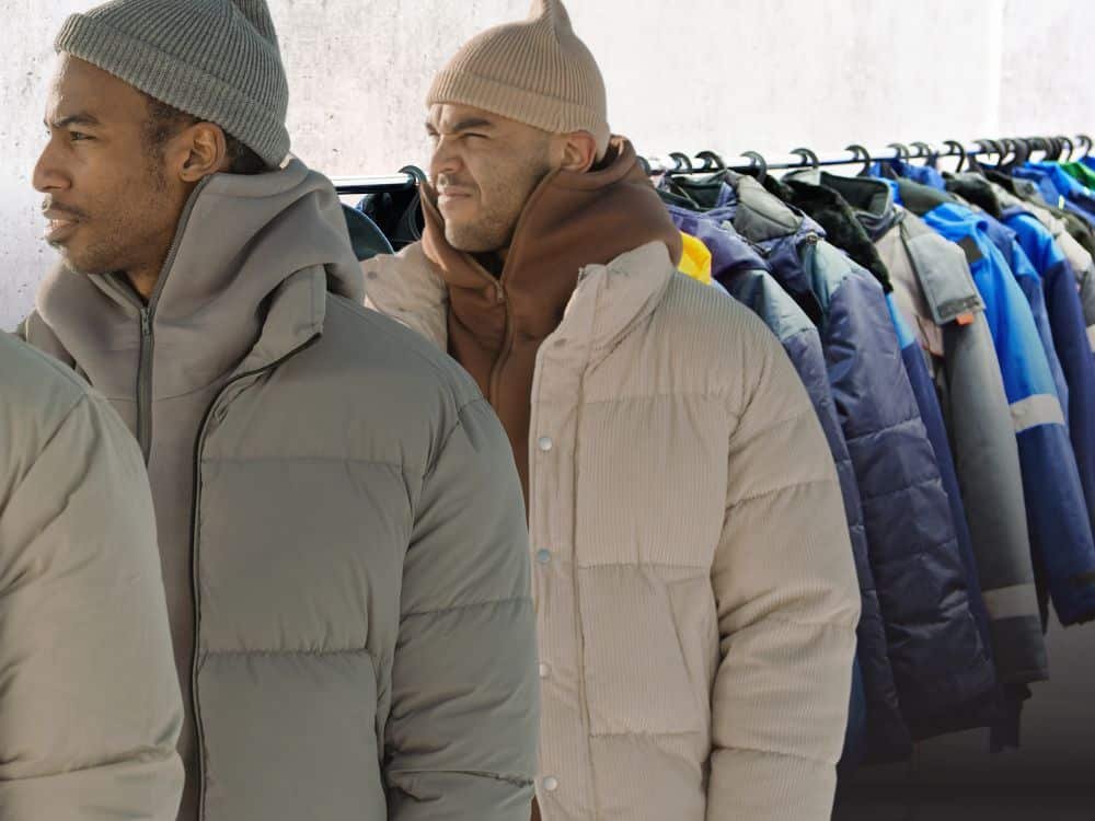 Two men standing side by side in stylish outerwear, with a rack of colorful jackets in the background, showcasing a variety of styles and textures.