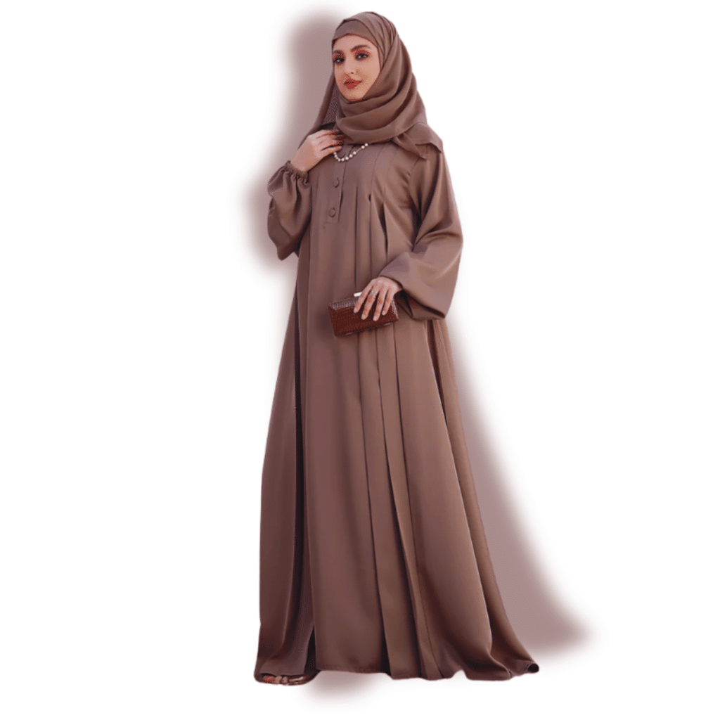 Woman wearing a modest brown abaya with matching hijab and holding a clutch.
