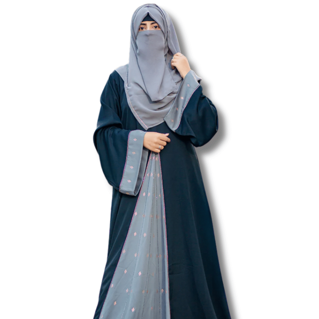 Elegant navy and gray wholesale abaya with niqab and embroidered details.