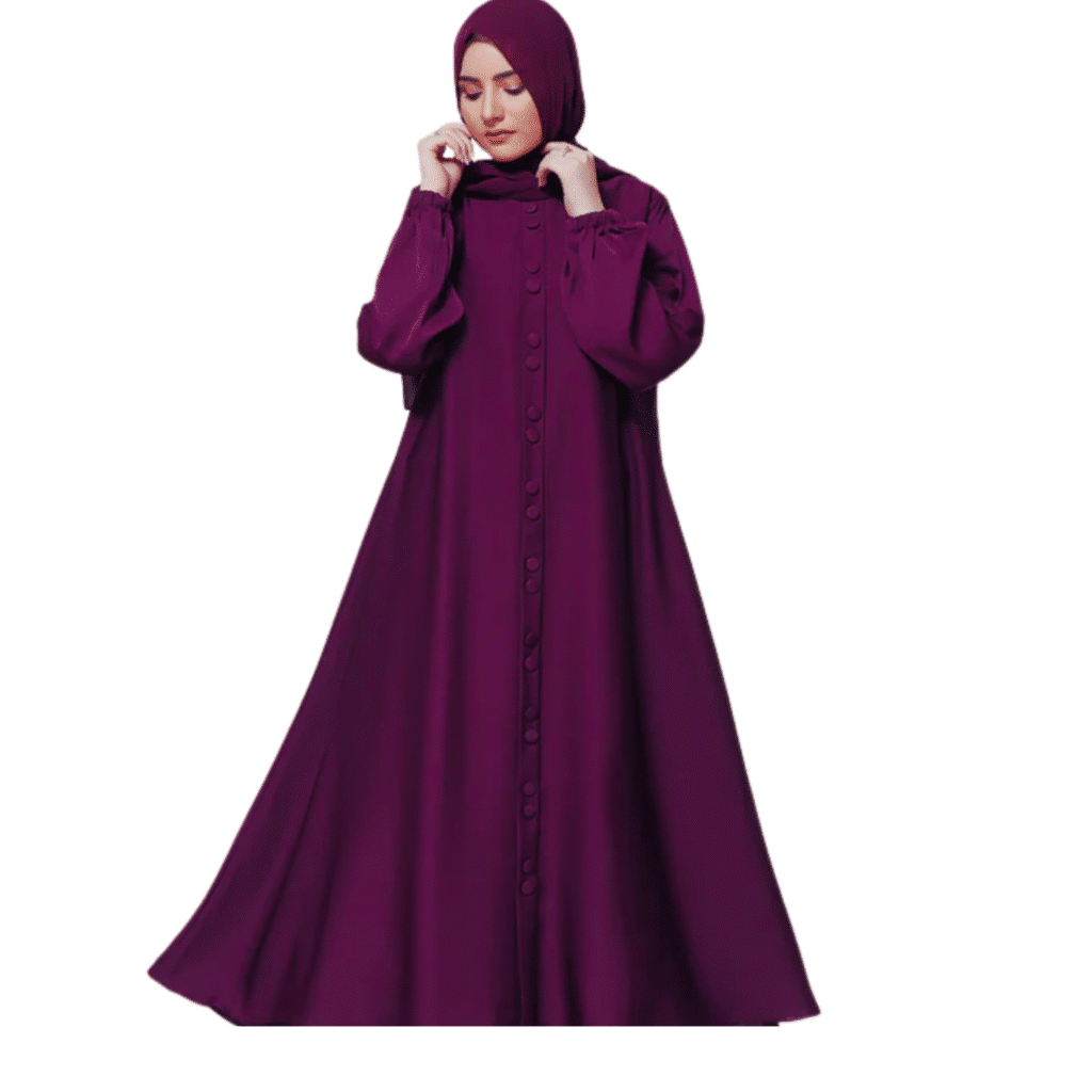 Classic maroon wholesale abaya with front button details and gathered sleeves.