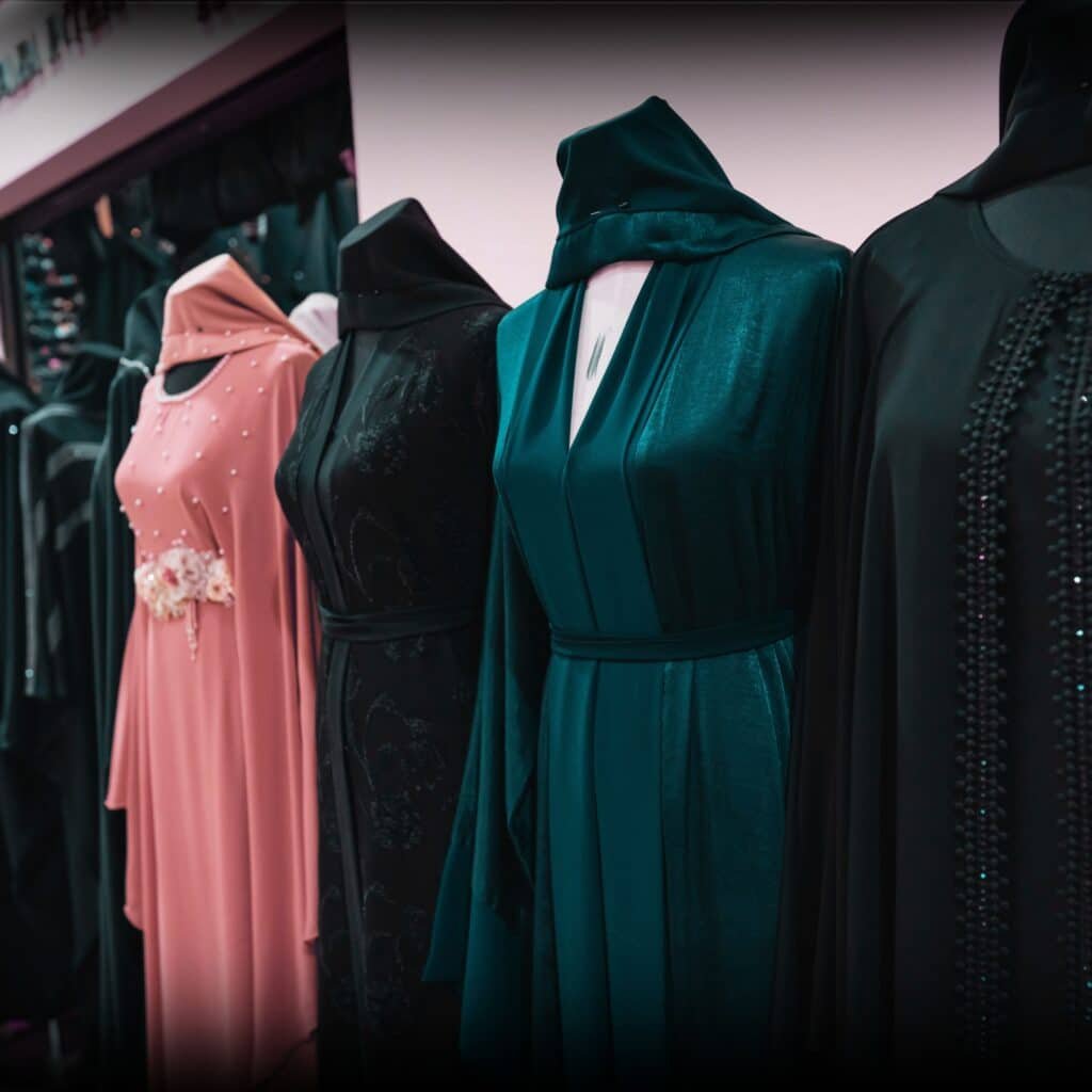 Mannequins showcase four stylish abayas in various colors and designs, including an embellished pink abaya and a flowing, rich green abaya.
