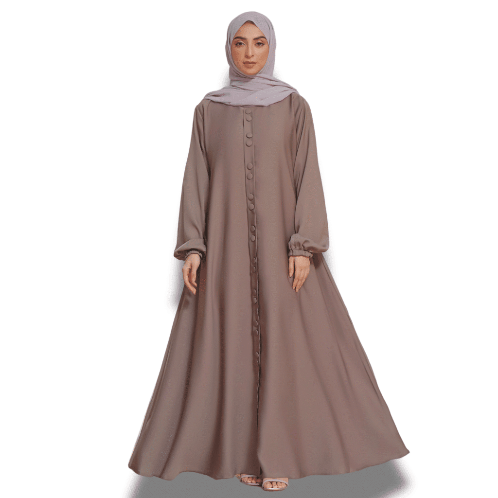 Woman wearing a taupe-colored button-down abaya with a light lavender hijab – Islamic clothing wholesale.