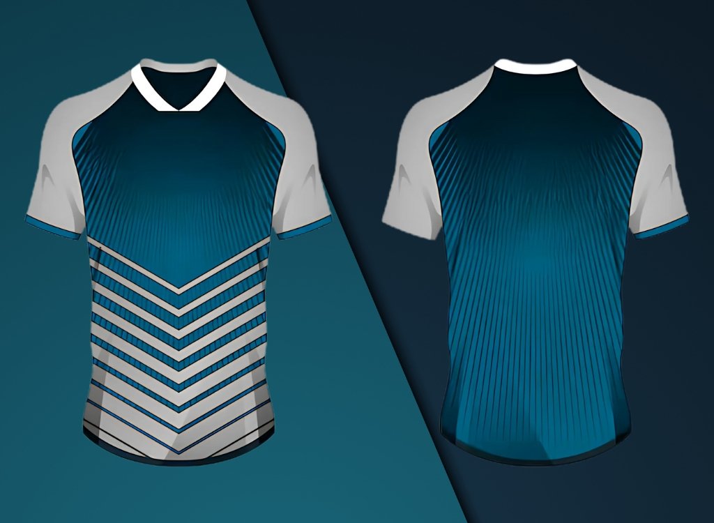 Designs of two custom sublimated polo shirts with dynamic blue and gray patterns, showcasing detailed and vibrant digital printing.