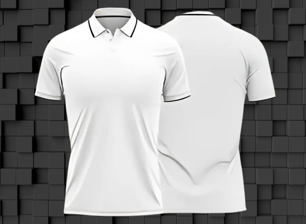 Alt Text: White sublimation polo shirt with black piping details on collar and sleeves, displayed against a black textured background.