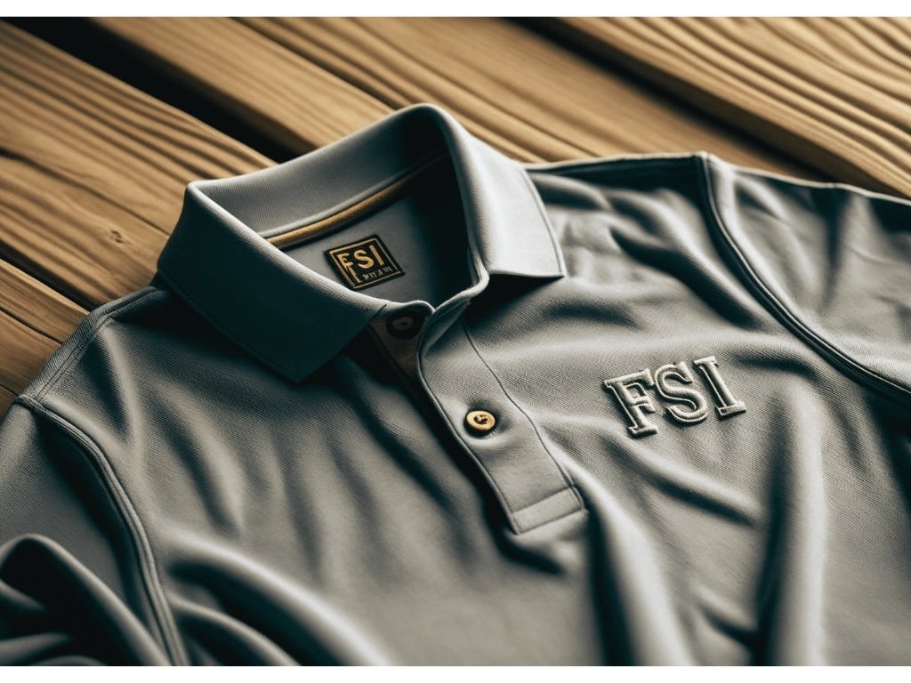 Alt Text: Close-up of a sleek, grey custom polo shirt with embroidered "FSI" logo, laid out on a wooden surface.