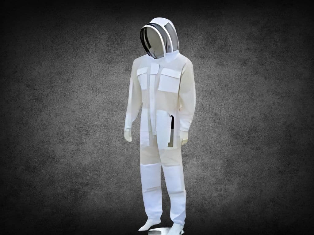 A white beekeeper suit with a protective hood displayed against a dark textured background.