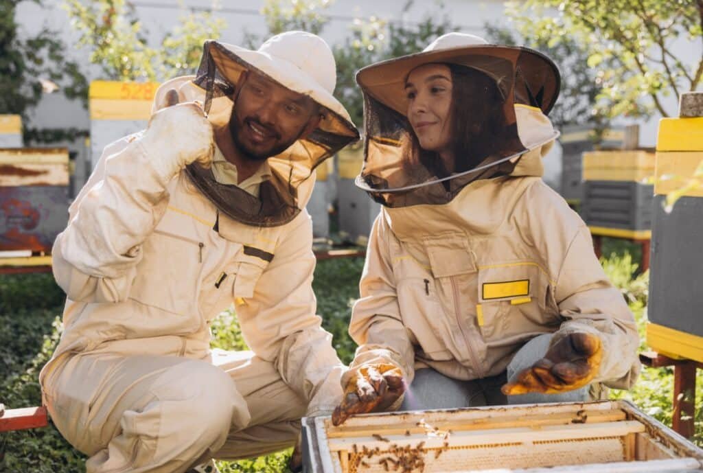 Beekeeper wearing a full protective suit, veil, and gloves, inspecting a honeycomb hive with confidence.
