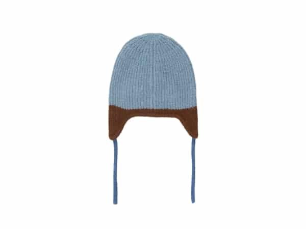 Light blue knit earflap beanie with brown earflap trim and long blue ties, viewed from the front against a white background.