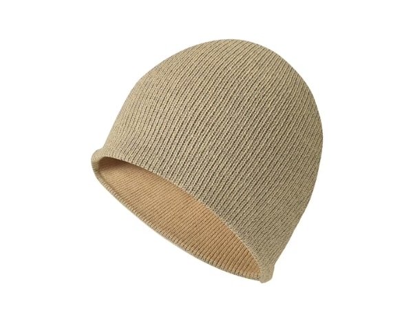 Beige ribbed knit skullcap with visible interior lining, angled slightly to the left against a white background.