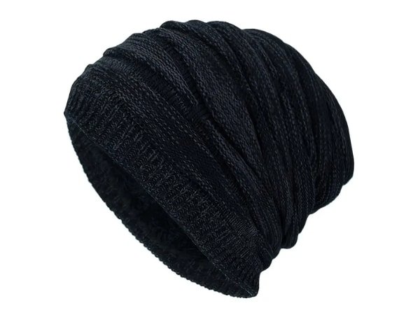 Black slouchy knit beanie with horizontal ridges, shown at a slight angle on a white background