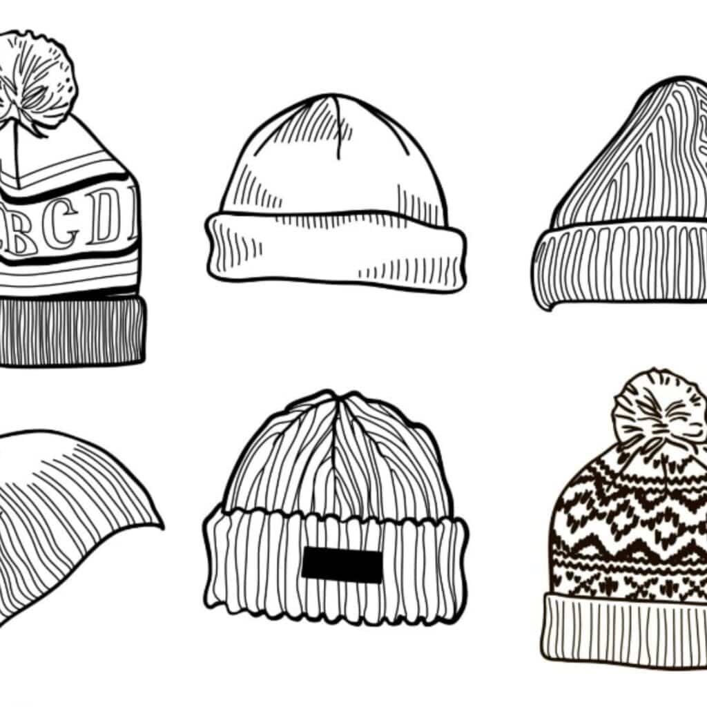 Six black-and-white line drawings of winter hats arranged in two rows: a beanie with a pom-pom and “BCD” lettering, a plain rounded beanie, a knit hat with a brim, a striped hat with diagonal lines, a ribbed hat with a small black label, and a pom-pom beanie with a Nordic pattern.