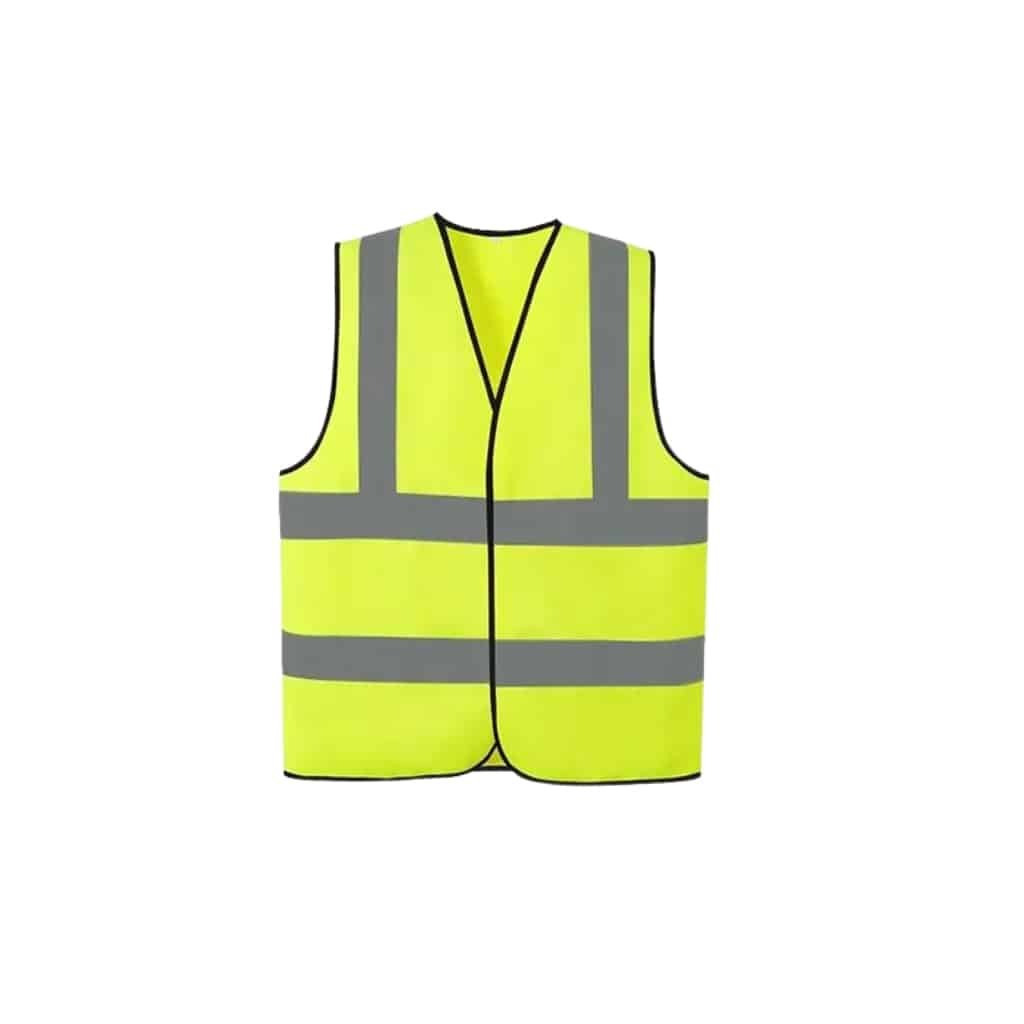 Neon yellow safety vest with gray reflective vertical and horizontal stripes on a white background.