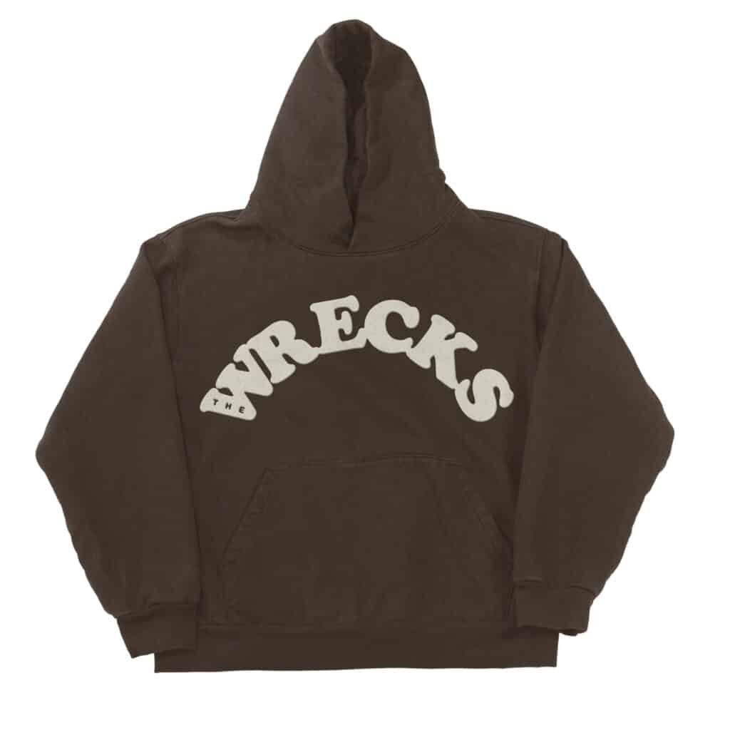 Brown pullover hoodie with “CREWNECKS THE PERFECT …” puff-printed lettering across the chest.